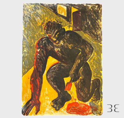 une image d'un timbre sur lequel figure un homme à genoux sur le sol