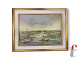 an image of a painting of a landscape with a river in the foreground