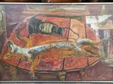 a picture of a painting of a dog laying on a table