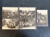 several old black and white photos of a group of people on motorcycles