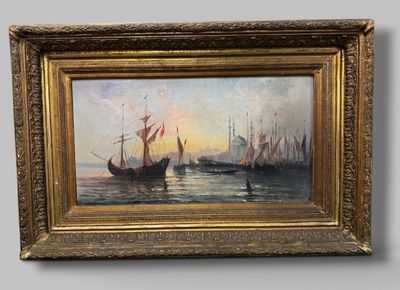 an oil painting of ships in the water with a sunset in the background