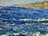 an impression of a painting of a rocky coast with a boat in the water