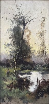 an image of a painting of a river in a wooded area