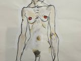 painting of a nude woman with red boots standing in front of a white background