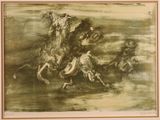 drawing of a group of men riding horses in a field