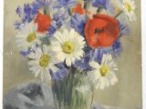 a painting of flowers in a vase on a table
