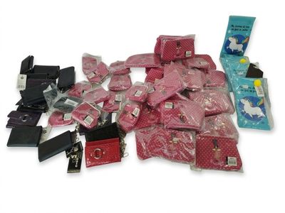 a lot of pink items that are on a white surface