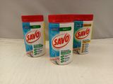 three bottles of savo deter sitting on top of a white table