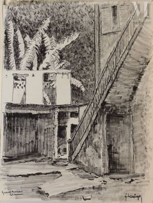 dessin d'une maison avec un escalier menant au toit