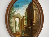 an oval painting of a building with a fountain in the middle of it