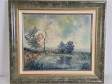 a painting of a landscape with trees and water in a gold frame