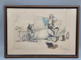 dessin représentant un homme assis à cheval à côté d'un chien