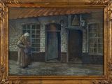 painting of a woman standing outside of a building with a basket on her head