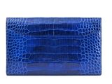 a blue crocodile skin wallet with a gold clasp