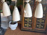 three lamps hanging from the ceiling next to a potted plant