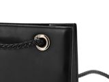 a black leather handbag with a metal ring on the handle