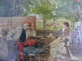 a painting of a man and a woman sitting on a bench