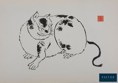 an ink drawing of a cat sitting on top of a table