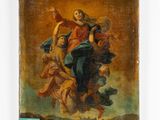 an old painting of a woman holding a child on a cloud