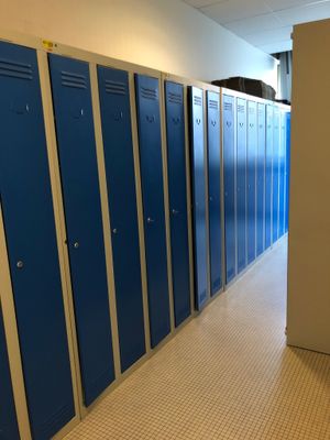 de nombreux casiers bleus dans le couloir d'un immeuble