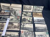 several old black and white photographs of a city and a train