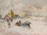 un tableau représentant un traîneau tiré par un cheval et poussé par deux personnes