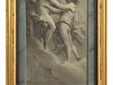 a painting of a man and woman on a cloud with a sun in the background