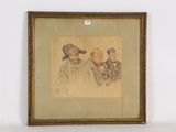 tableau représentant un groupe d'hommes coiffés de chapeaux et vêtus de toges, dans un cadre