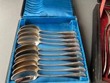 six spoons in a blue case with a red handle