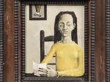painting of a woman reading a book in a wooden frame
