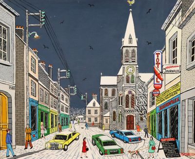 une peinture représentant une rue de la ville avec des voitures et des passants
