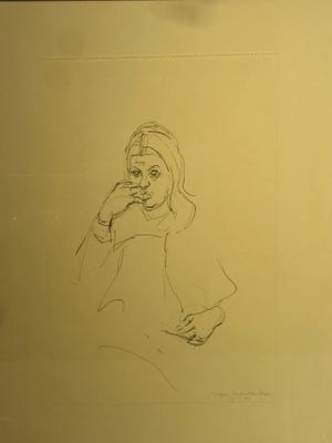 a drawing of a woman talking on a cell phone