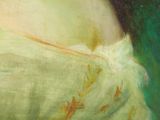 an oil painting of a woman in a white dress with a green background