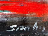 abstract painting of a red car with the word sorab written on it
