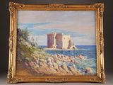 une peinture à l'huile représentant un château situé sur une falaise surplombant l'océan