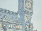 un tableau représentant une tour horloge au cœur d'une ville