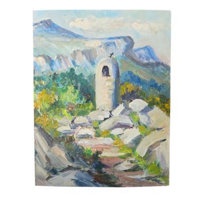 une peinture à l'huile représentant une tour dans les montagnes, avec une montagne en arrière-plan
