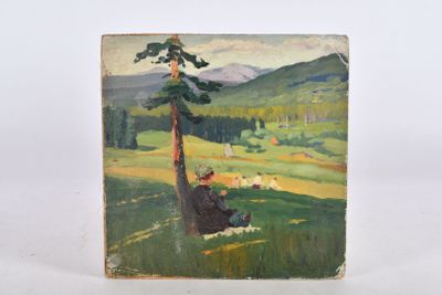 une image représentant un tableau où l'on voit un homme assis sous un arbre dans un champ