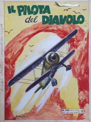 painting of an airplane flying in the sky with a sun in the background