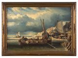 an oil painting of boats in a body of water near a shore