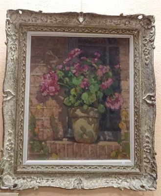 a painting of flowers in a vase on the wall