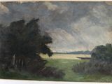 une image d'une peinture représentant un paysage avec des arbres et une rivière