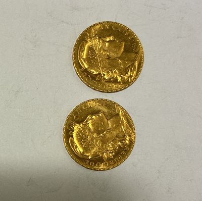 two gold coins sitting on top of each other on a white surface