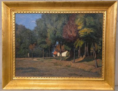 une image d'une peinture représentant une maison dans un bois