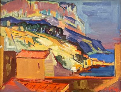 an oil painting of a view of the ocean from a window