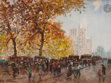 un tableau représentant une foule de gens marchant dans la rue