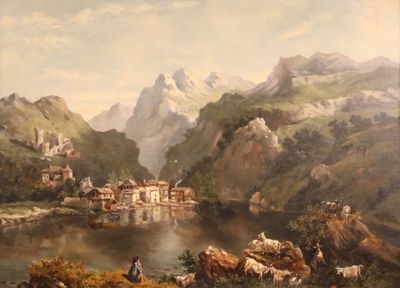 a painting of a mountain landscape with a village in the background