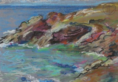 peinture au pastel représentant une scène de plage avec des rochers et de l'eau