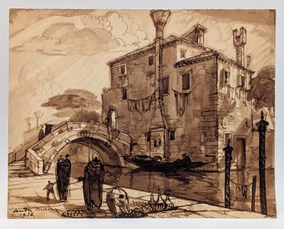 an image of a drawing of a building with a boat in front of it