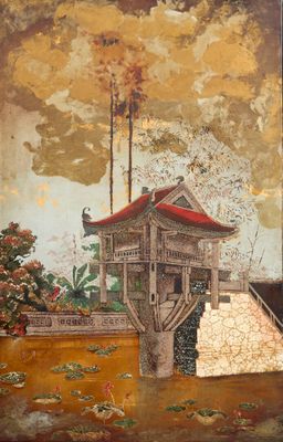 une image représentant un tableau d'un bâtiment au toit rouge